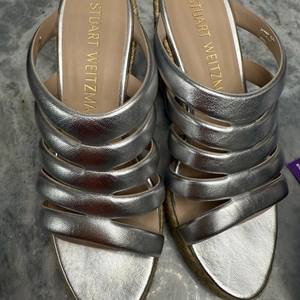 Stuart Weitzman Silver Wedge Sandals with Metallic Straps